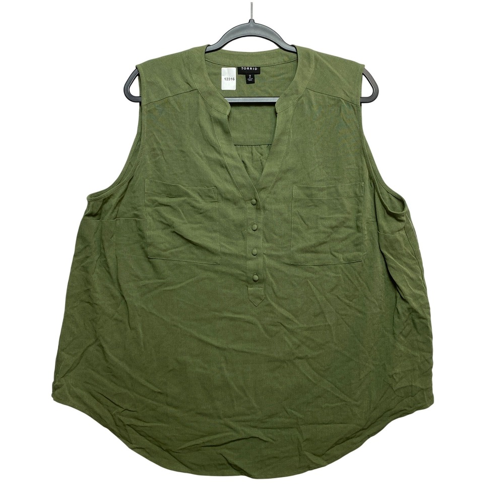 Torrid Blouse Womens 2X Olive Green Sleeveless Button-Down Split Neck Pocket Top